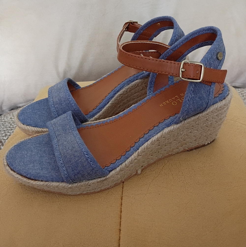 NWT.Polo Ralph Lauren Washed Denim Espadrille and Tan Wedge Sandals